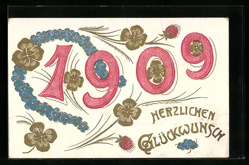 Präge-AK Neujahrsgruss, Jahreszahl 1909, Klee und Veilchen