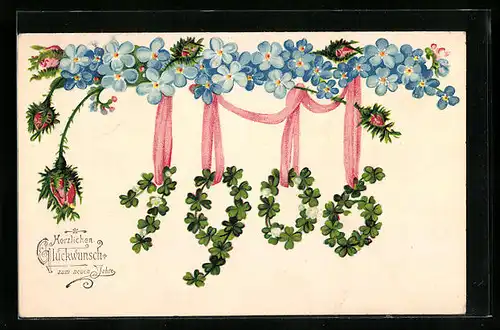 Präge-AK Jahreszahl 1906 aus Klee geformt, Veilchen