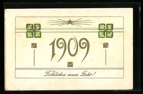 Präge-AK Neujahrsgruss, Jahreszahl 1909, Kleeblätter