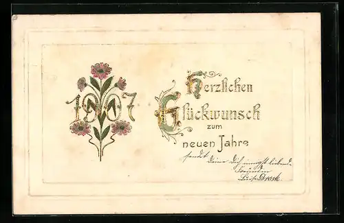Präge-AK Neujahrsgruss, Jahreszahl 1907