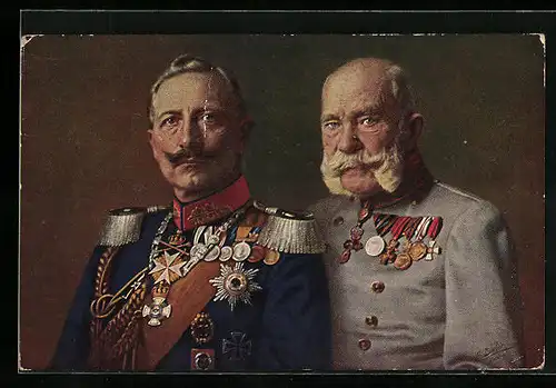 AK Portrait von Kaiser Franz Josef I. von Österreich und Kaiser Wilhelm II. von Deutschland, Zweibund