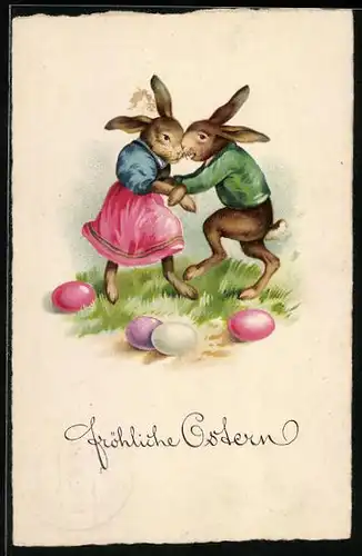 AK Osterhasenpaar beim Tanz