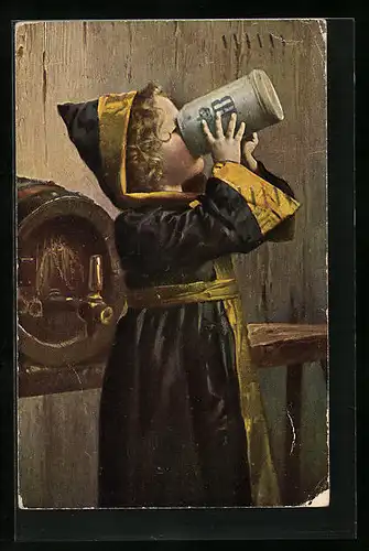 AK Münchner Kindl nimmt einen kräftigen Zug aus dem Humpen