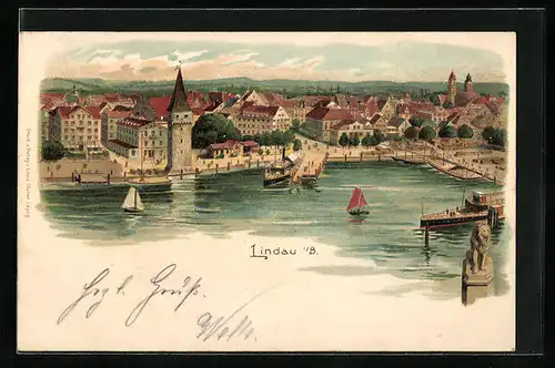 Lithographie Lindau i. B., Hafenpartie mit Dampfer