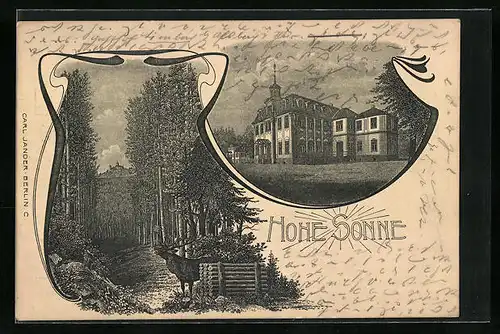 Lithographie Eisenach, Hotel Hohe Sonne, Röhrender Rothirsch