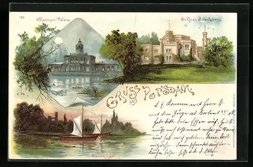 Lithographie Potsdam, Marmor-Palais, Schloss Babelsberg, Pfaueninsel