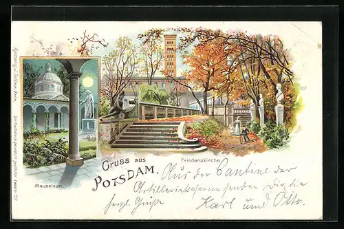 Lithographie Potsdam, Mausoleum, Friedenskirche im Herbst