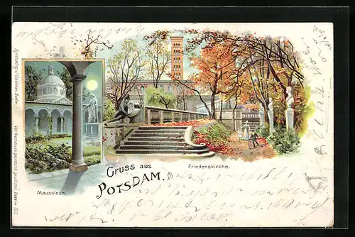 Lithographie Potsdam, Mausoleum, Friedenskirche im Herbst