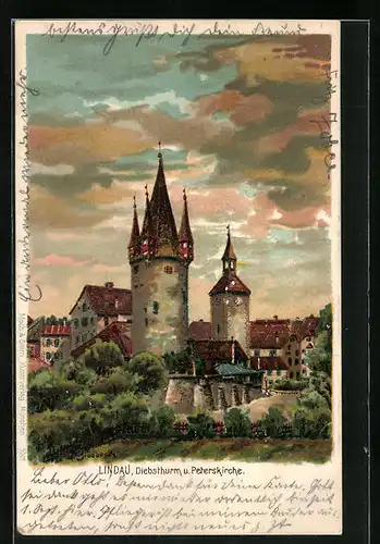 Künstler-AK Lindau i. Bodensee, Diebsturm und Peterskirche