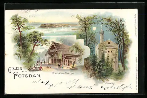 Künstler-AK Potsdam, Nicolscoe bei Mondschein, Russisches Blockhaus, Panorama