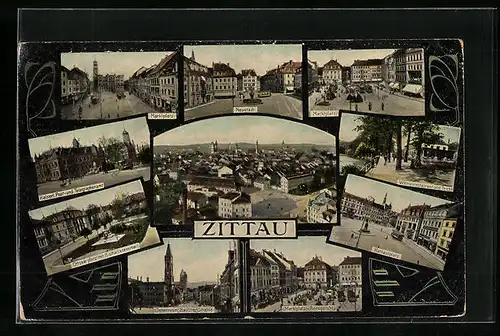 AK Zittau, Weinrestaurant und Teich, Marktplatz mit Geschäften und Strassenbahn, Rathausplatz