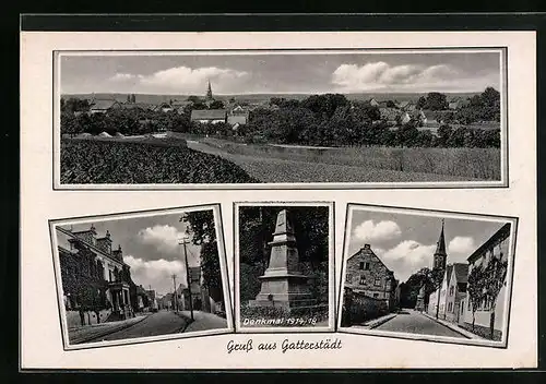 AK Gatterstädt, Strassenpartie mit Gebäudeansicht, Strassenpartie mit Kirche, Denkmal 1914-18