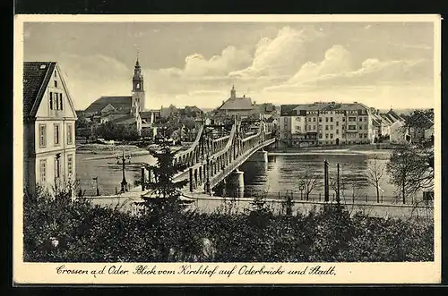 AK Crossen a. d. Oder, Blick vom Kirchhof auf Oderbrücke und Stadt