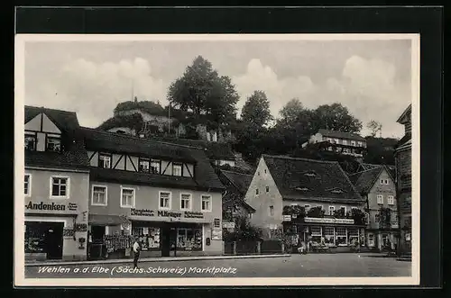 AK Wehlen a. d. Elbe /Sächs. Schweiz, Marktplatz mit Geschäften