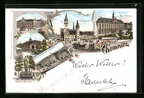 Lithographie Chemnitz, Kaiserliches Postamt, Hauptmarkt, Neues Rathaus