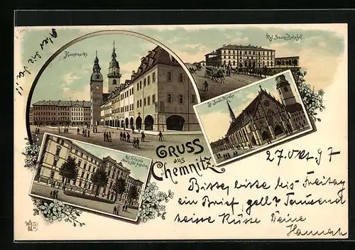 Lithographie Chemnitz, Hauptmarkt, Königlicher Staats-Bahnhof, St. Jacobi-Kirche