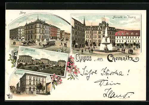 Lithographie Chemnitz, Reichsbank, Börse mit Pferdebahn, Schlachthof