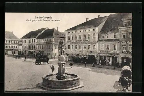 AK Bischofswerda, Mrktplatz mit Hotel Goldne Sonne, Geschäften und Paradiesbrunnen