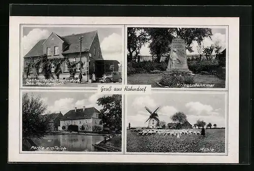 AK Hohndorf, Gastwirtschaft Hohndorf, Windmühle mit Schafherde, Kriegerdenkmal
