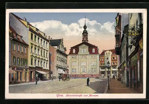 AK Gera, Heinrichstrasse mit Geschäften und Museum