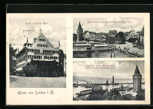 AK Lindau i. B., Hôtel Lindauer Hof, Aussicht vom Dachgarten, Hafenaprtie