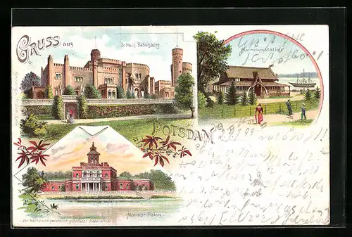 Lithographie Potsdam, Schloss Babelsberg, Matrosenstation, Masrmor-Palais