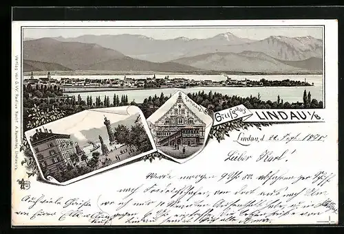 Lithographie Lindau i. B., Rathaus, Leuchtturm, Totalansicht, datiert 1895