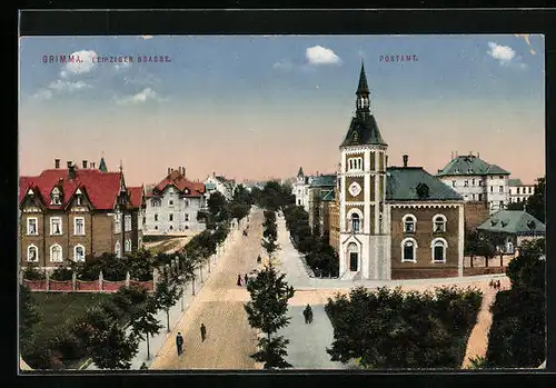 AK Grimma, Leipziger Strasse mit Postamt