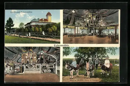 AK Ebersbach /Sachsen, Restaurant Felsenmühle, Innenansicht Saal, Max u. Moritz, Hans u. Liese