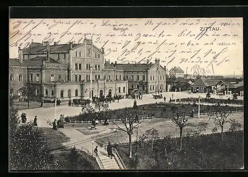 AK Zittau, Strassenpartie am Bahnhof