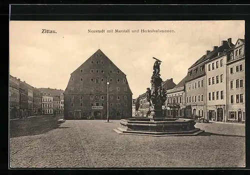 AK Zittau, Neustadt mit Marstall und Herkulesbrunnen