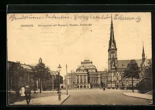 AK Chemnitz, Königsplatz mit Museum, Theater und Petrikirche