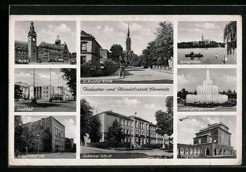 AK Chemnitz, Markt, St. Andreas-Kirche, Schlossteich, Stadtbad