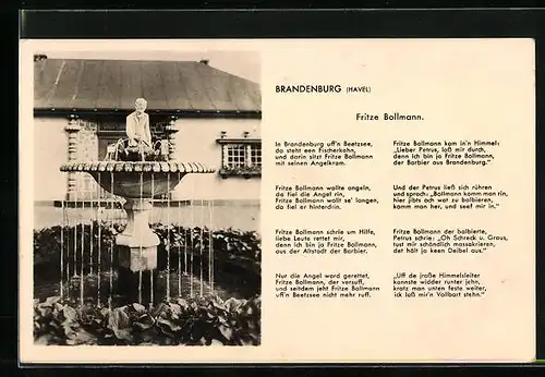AK Brandenburg /Havel, Fritz Bollmann Springbrunnen und Gedicht