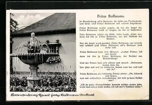 AK Brandenburg /Havel, Fritz Bollmann Springbrunnen und Gedicht