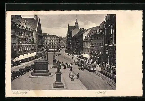 AK Chemnitz, Marktplatz mit Denkmal und Strassenbahn