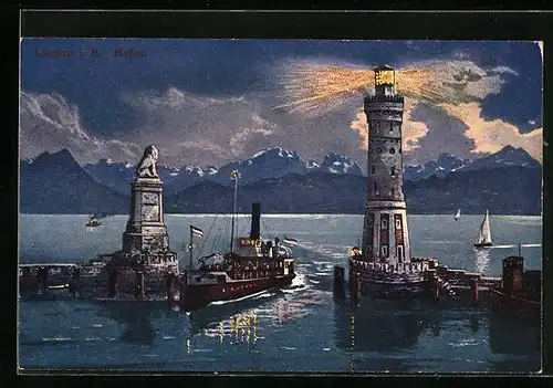 AK Lindau i. B., Hafen mit Leuchtturm und Schiffen