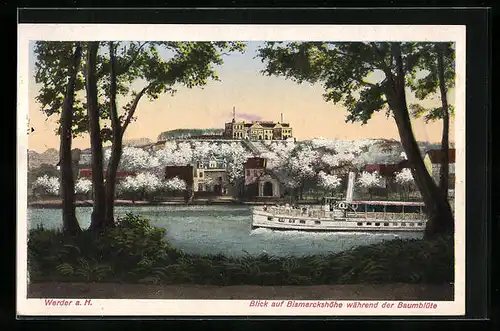 Künstler-AK Werder /Havel, Blick auf Bismarckshöhe während der Baumblüte, Hotel, Dampfer und Restaurant