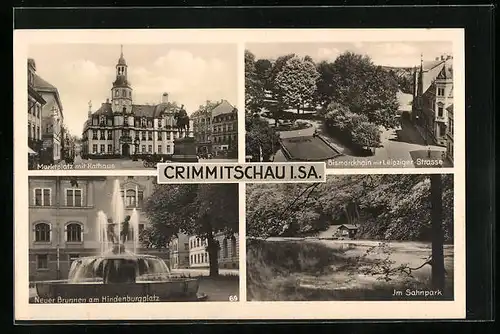 AK Crimmitschau, Bismarckhain mit Leipziger Strasse, Marktplatz mit Rathaus