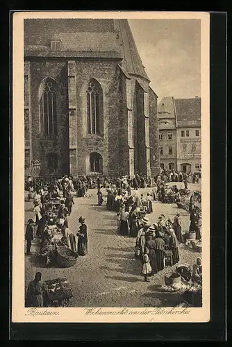 AK Bautzen, Wochenmarkt an der Petrikirche