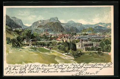 Künstler-AK Edward Theodore Compton: Reichenhall, Panoramablick auf Ort und Berge