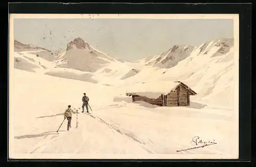 Künstler-AK Carlo Pellegrini: Skiläufer an einer Berghütte