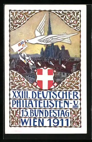 Künstler-AK H. Kalmsteiner: Wien, XXIII. Deutscher Philatelisten- und 15. Bundestag 1911, Brieftaube, Ganzsache