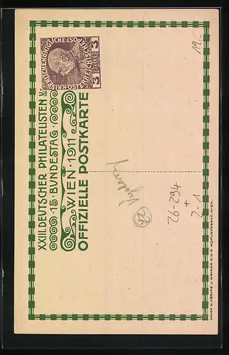 Künstler-AK H. Kalmsteiner: Wien, XXIII. Deutscher Philatelisten- und 15. Bundestag 1911, Brieftaube, Ganzsache
