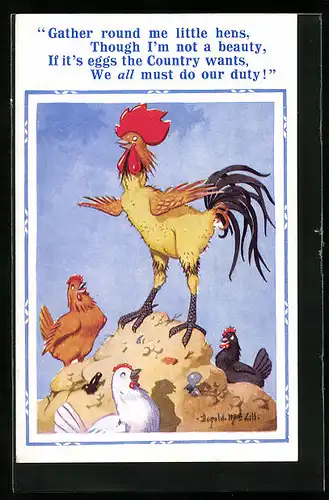 Künstler-AK Donald McGill: Gather round me little hens,...