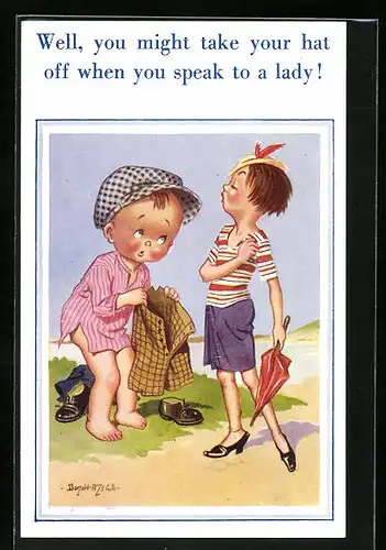 Künstler-AK Donald McGill: Well, you might take your hat off when you speak to a lady!