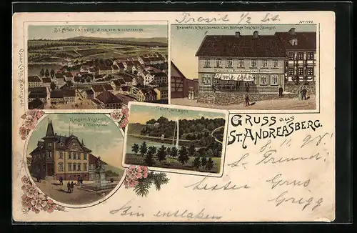 Lithographie St. Andreasberg, Brauerei u. Restaurant Carl Büttner, Kaiserl. Postamt mit Denkmal