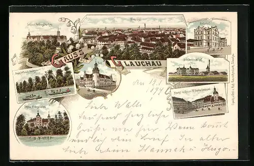 Lithographie Glauchau, Schlachtviehhof, Bahnhof, Schloss Forderglauchau