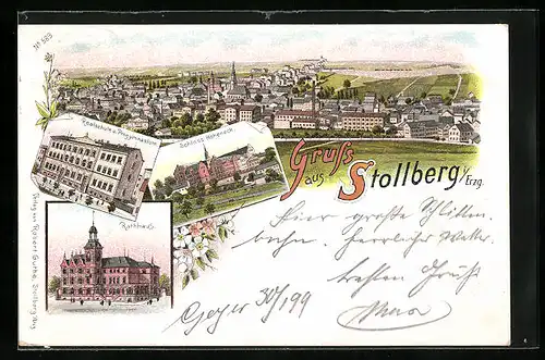 Lithographie Stollberg /Erzgeb., Schloss Hoheneck, Rathaus, Realschule u. Progymnasium