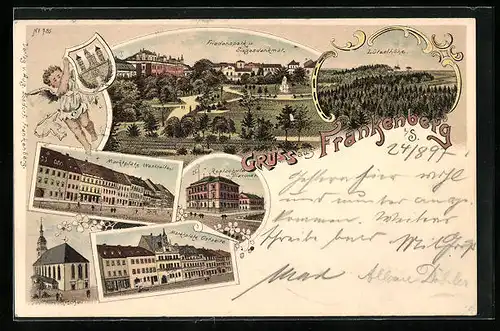 Lithographie Frankenberg i. Sa., Friedenspark u. Siegesdenkmal, Marktplatz, Lützelhöhe